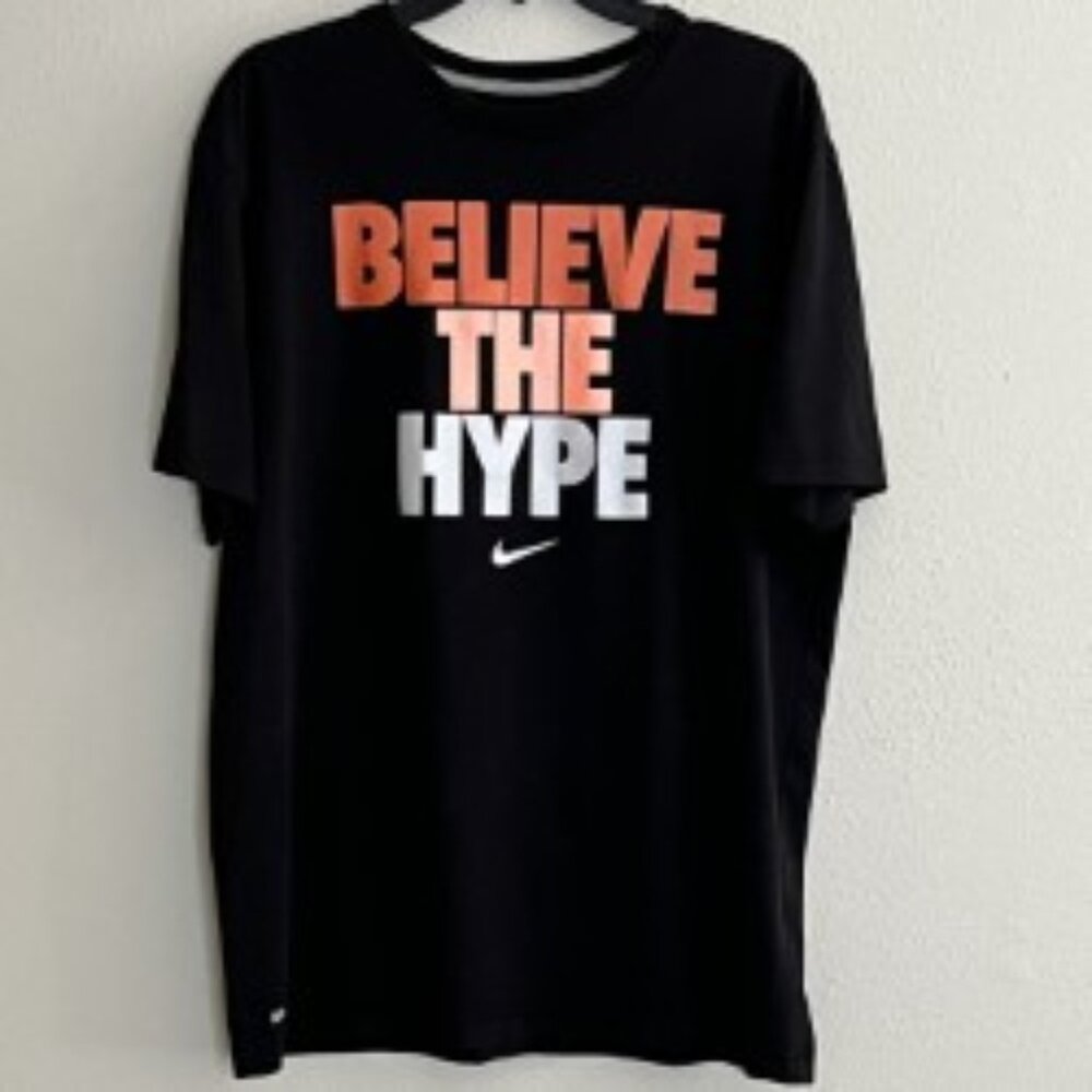 Nike Dri-Fit Mens Black T- shirt Believe THE HYPE Logo Center Swoosh Size XL